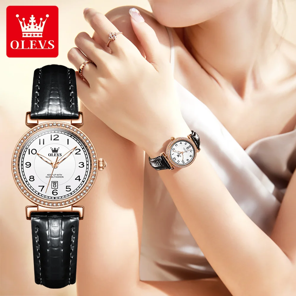 

OLEVS Original Women‘s Watch Ladies Analog Quartz Diamond Wristwatch Leather Strap 3Bar Waterproof Luxur Brand 5590
