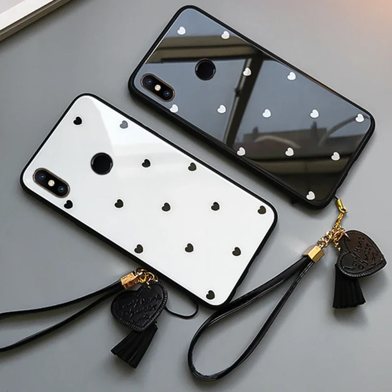 For Xiaomi Redmi Note 9 Pro Max 8 Pro Case Tempered Glass Love Heart Back Cover Tassel Lanyard For Redmi Note 13 Pro Plus 12 Pro