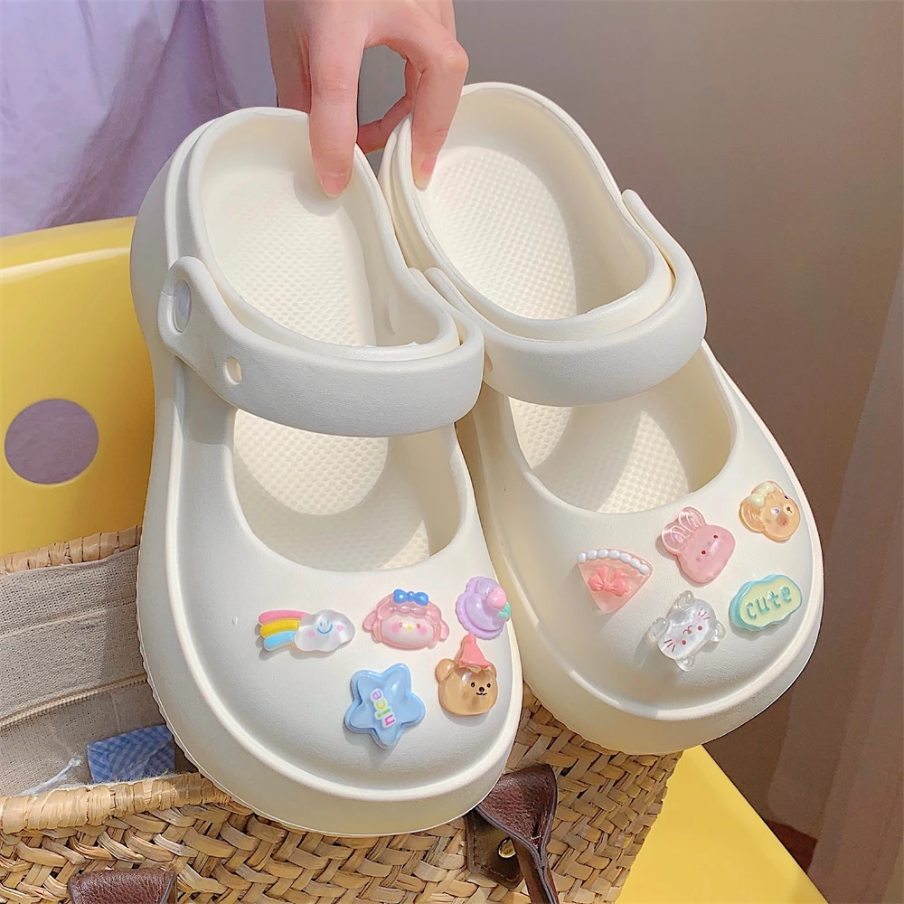 Summer New EVA Thick Sole Mary Jane Perforated Shoes Women Wearing Elevated Soft Sole DIY Solid Color Two Wear Home Slippers