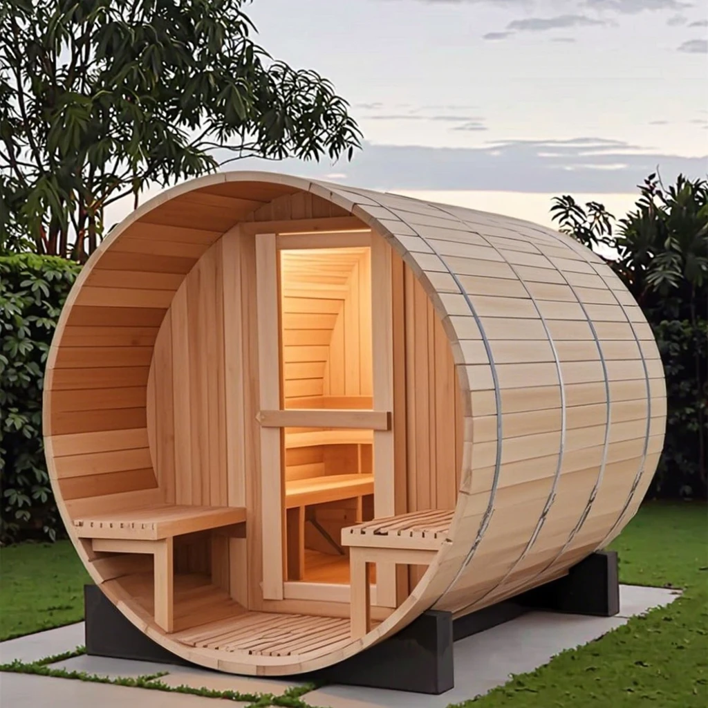 Barrel Shape Wooden Outdoor Sauna, Far Infrared Spa Steam Room, Home Resort Garden Use, 2-4 Person Capacity