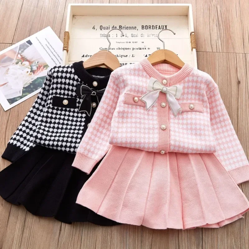 

Kids Boutique Clothes Girls Knitted Sweater Dress Spring Autumn Suit for 2-10 Years Old Girls Plaid Bow Pleated Skirt 2Piece Set