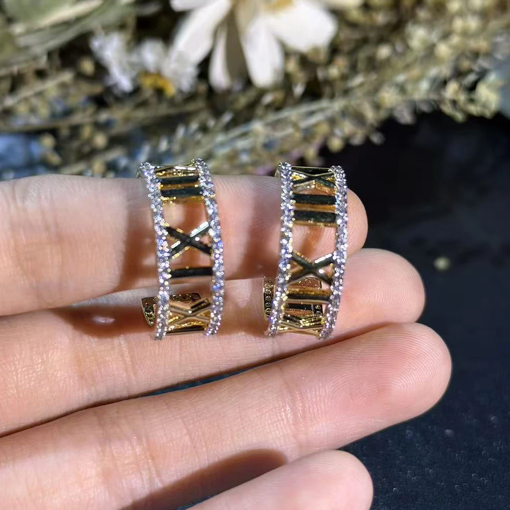 Elegant Roman Numeral Hollow Hoop Earrings, Luxury Sparkle Edge Wedding Party Bridal Women Statement Circle Ear Jewelry Gift