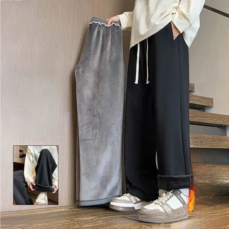 

Мужские прямые брюки на флисовой подкладке, теплые повседневные брюки свободного кроя, однотонные, модные, осенне-зимние, длинные брюки