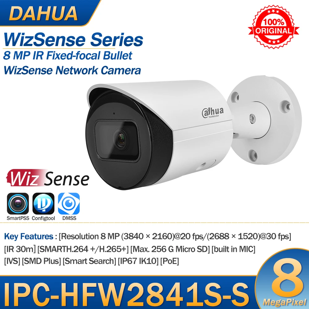 Dahua IP Camera 8MP IPC-HFW2841S-S 4K Fixed-focal Bullet PoE IR Built in MIC SD Card Slot WizSense Original Video Surveillance