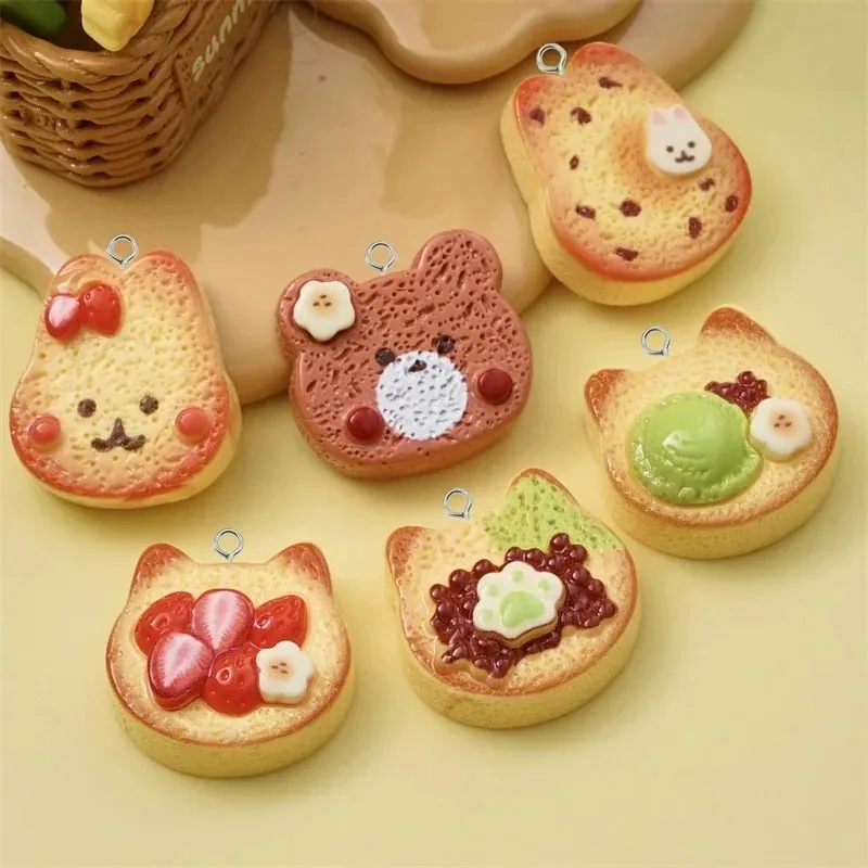Mini Animal Toast Bread Resin Charms 10pcs Strawberry Chocolate Jam Cookie Pendants Jewelry Making Findings For Earrings