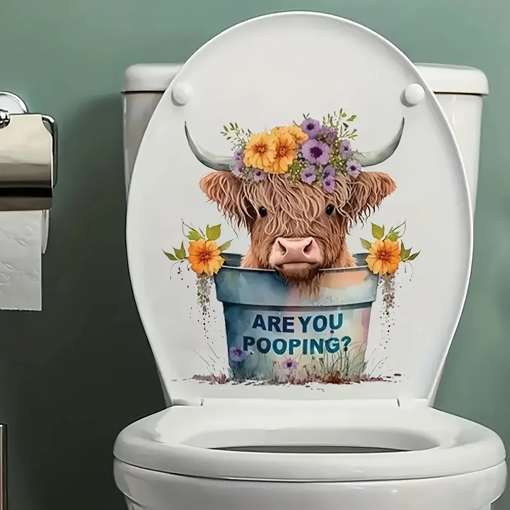 Weird Highland Cow Flower Self-Adhesive Sticker for Bathroom Home Decor Wall Door & Refrigerator - Toilet Decorative Mural AA617