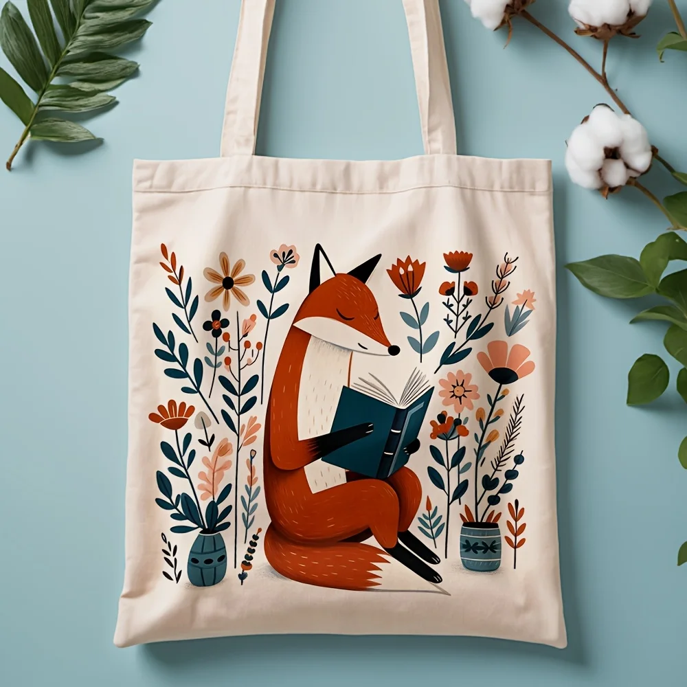 1pc, Fox Reading Book Canvas Tote Bag Reusable Grocery Bags (35.05cm x 40.13cm), Stylish Shoulder Bag for Daily Shopping, Grocer