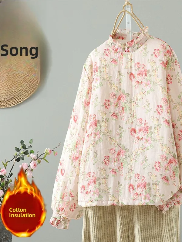 

Sweet Sle Women's Cotton Jaet with Ruffle Collar Thermal Overlap Design Thiened Long Sve Straight Cut Autumn Coat