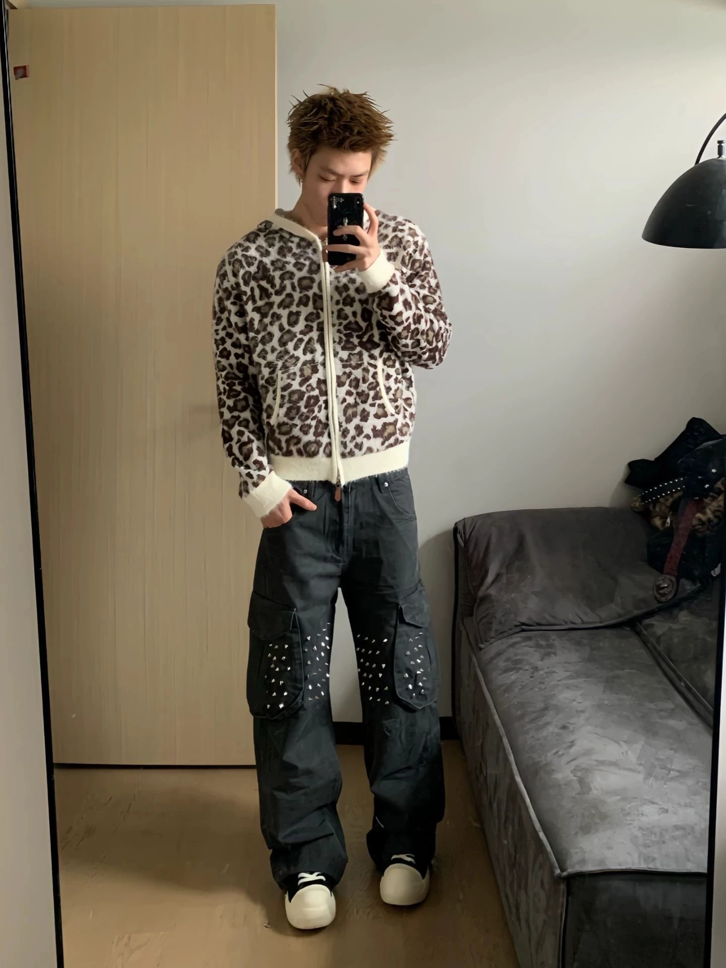 American High Street Retro Leopard Print Color Block Hoodie Knitted Sweater Men's Autumn Winter Soft Thick Loose Warm Coat