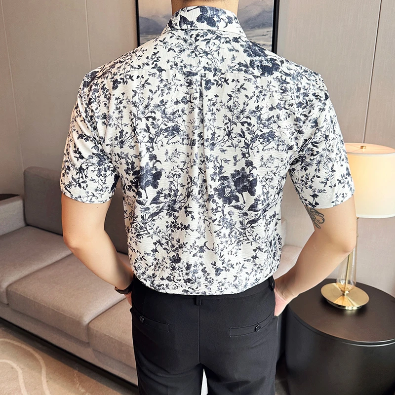 Men Printed Shirt 2024 Summer Light and Thin Retro Casual Elastic Slim Fit Short Sleeved Shirt High-quality Fashion Men Clothing