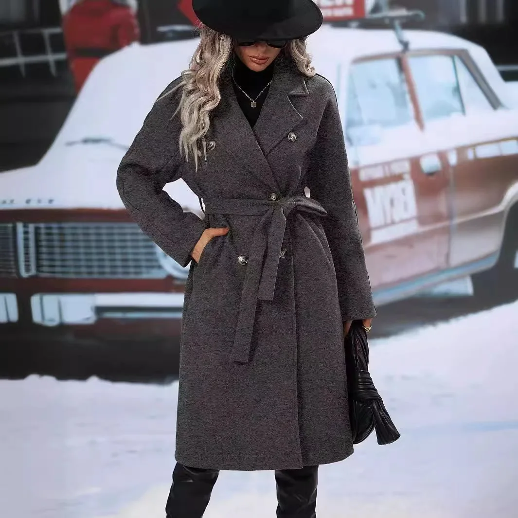 Women Wool Blend Coat, Long Winter Overcoat, Belted Double Breasted, Warm Multi-color, For Commute Dating, Winter Essential