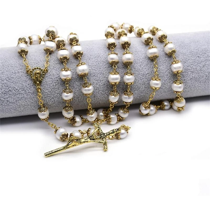 L9NB Decorative Pearl Rosary Necklaces Holy Christian Church Home Bedroom Decor
