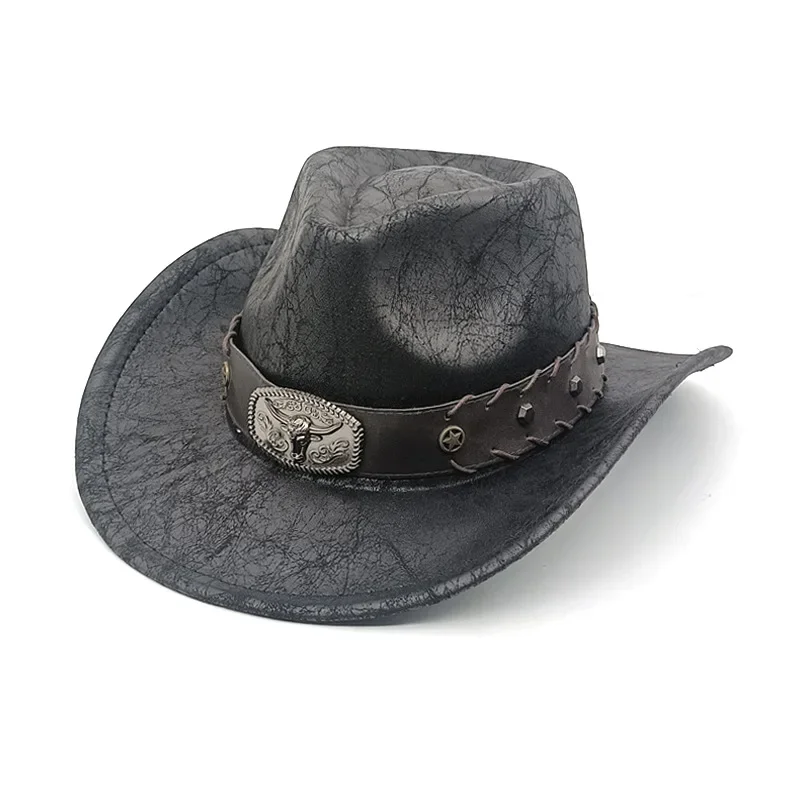 American Style Hood Gift Western Cowboy Hat Vintage Imitation Leather Crack Felt Hat Tibetan Style Men and Women Hat