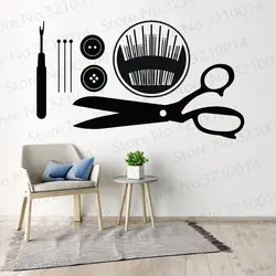 Sewing Wall Art Decals Seamstress Gift Wall Sticker Buttons Pins Sewing Tools Wall Mural Removable Sewing Shop Wall Decor PW303