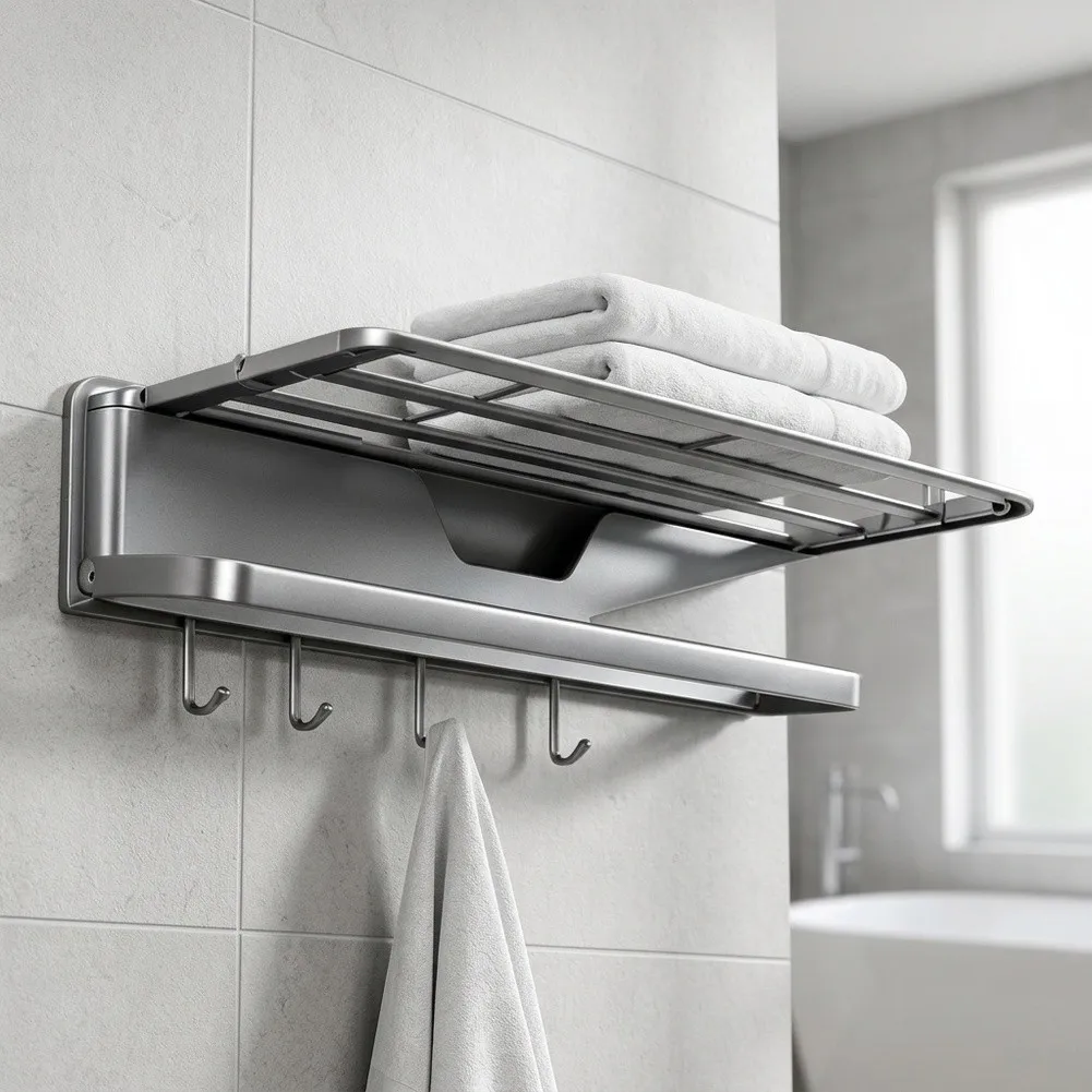 Drill Free Foldable Towel Rack for Bathroom - Compact 3.3cm Folded Thickness - Expands to 20cm Depth - Gray Steel