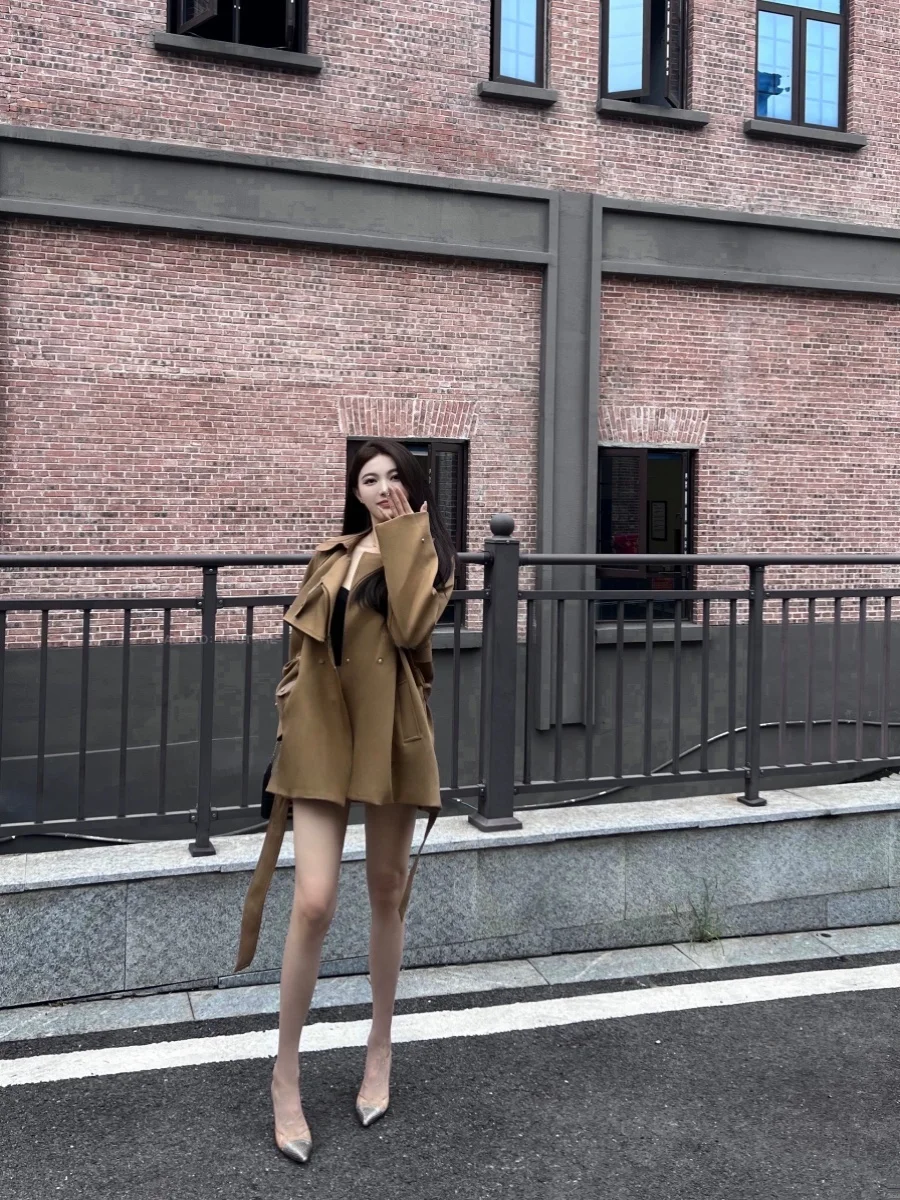 

Caramel ort Waist-Cinching Belted Khaki Autumnal Aosphere Multiple Wearable Sles Commuter Length Double-Layer Collar