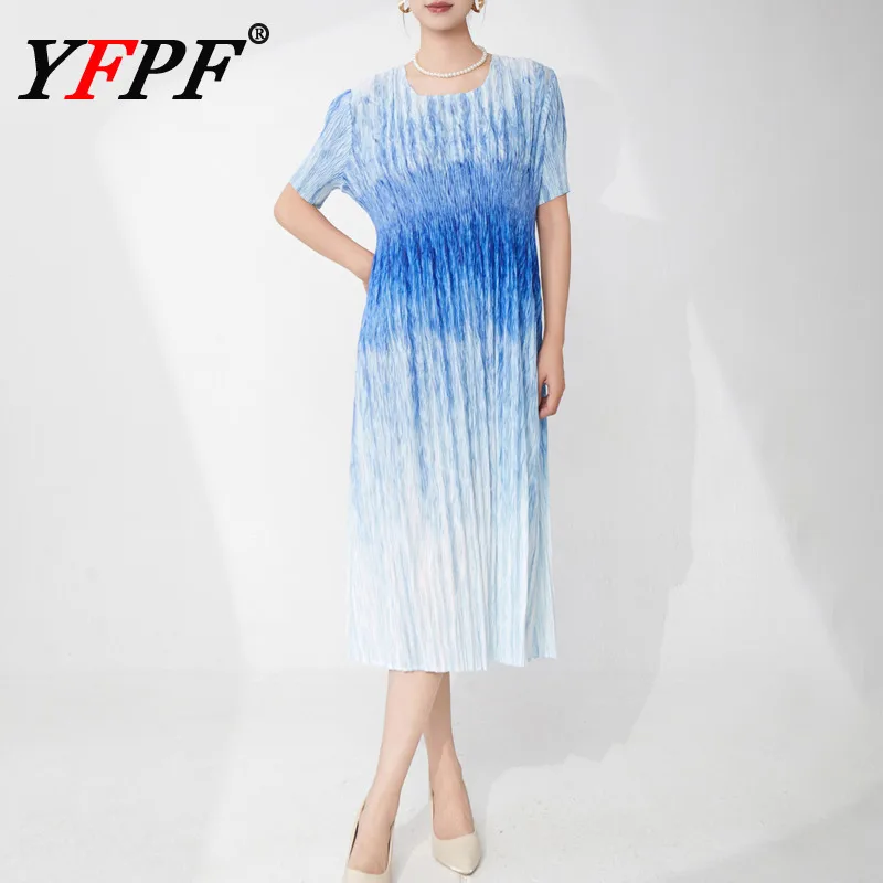 

YFPF Miyake Pleated Design Dress Women Elegant Gradient Short Sleeve Slim Long Dresses Fashion 2025 Summer New Clothing