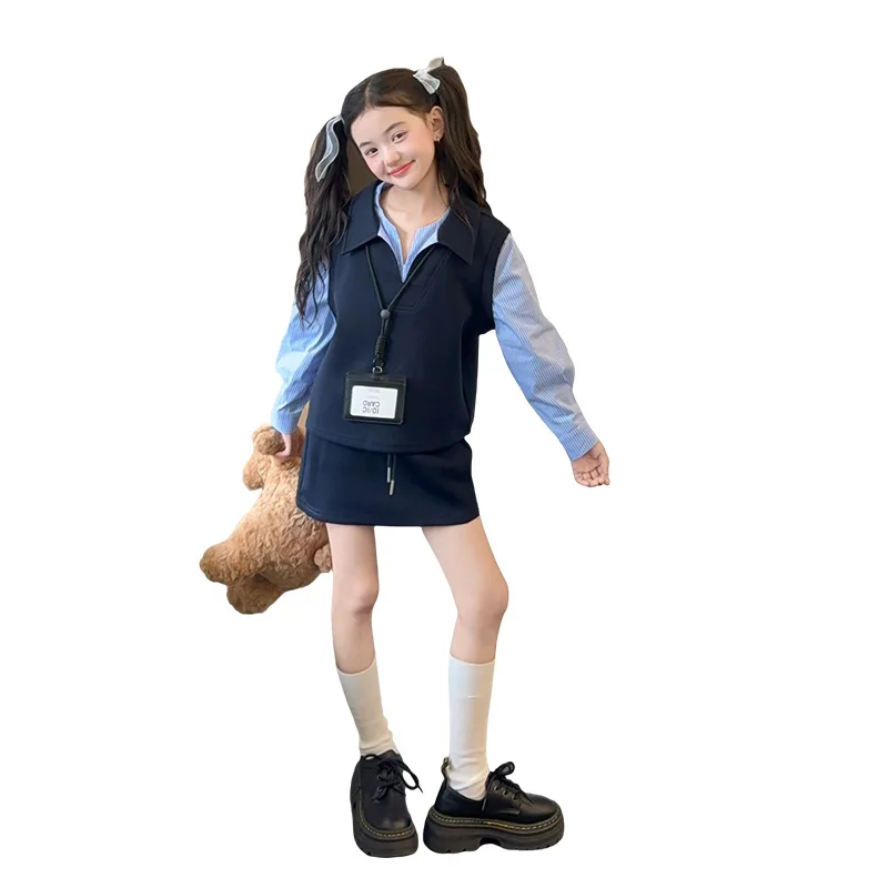 بدلة قميص صيفية للمراهقات لعام 2025 بلوزة قميص مخططة مرقعة من القماش + فستان تنورة قصيرة طقم أطفال 4 7 8 9 10 11 12 سنة