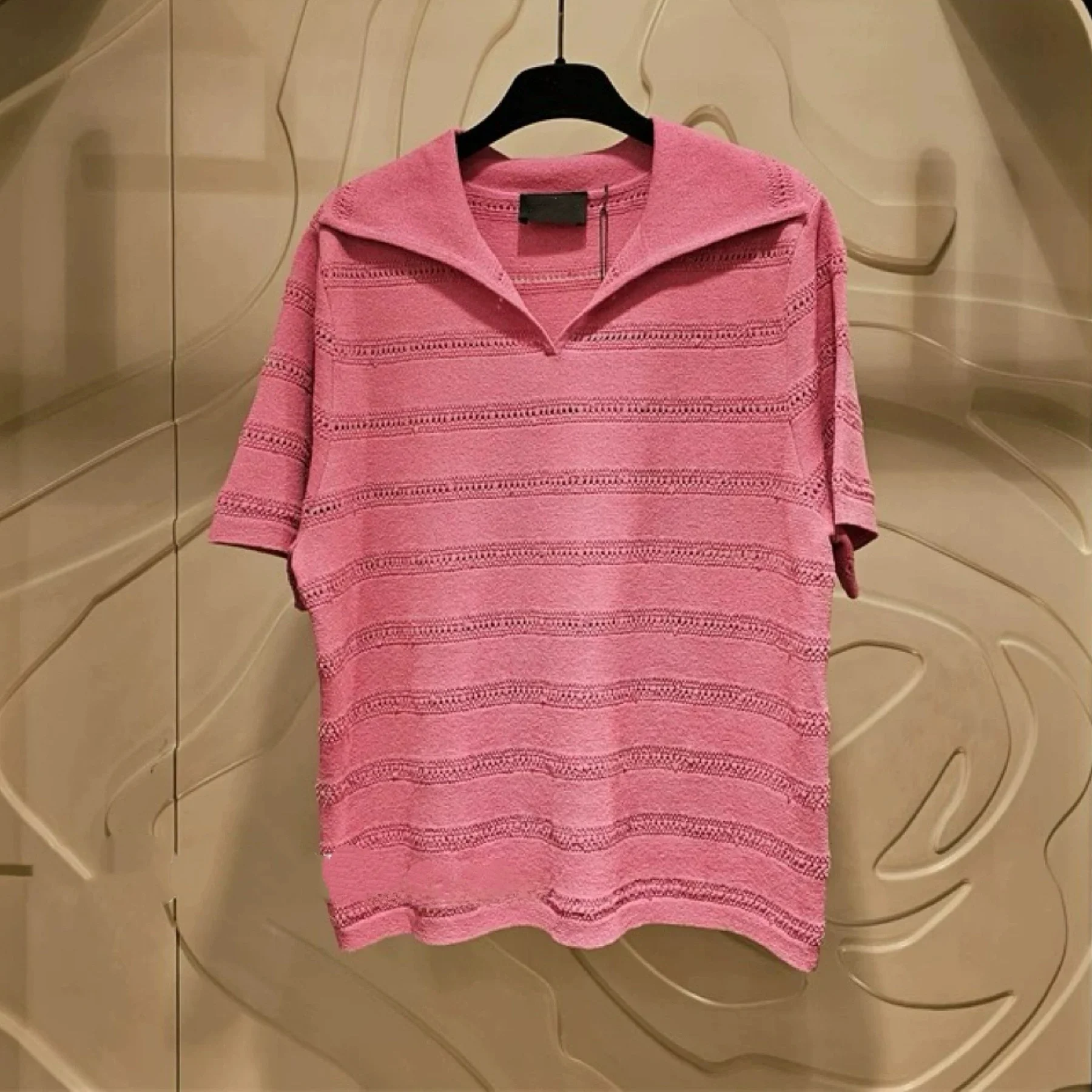 

Korean Single L*NVN Summer 2025 Simple Elegance Turn-down Collar Hollow Hand-sewn Bead Striped ort Sve Knitted Sweater