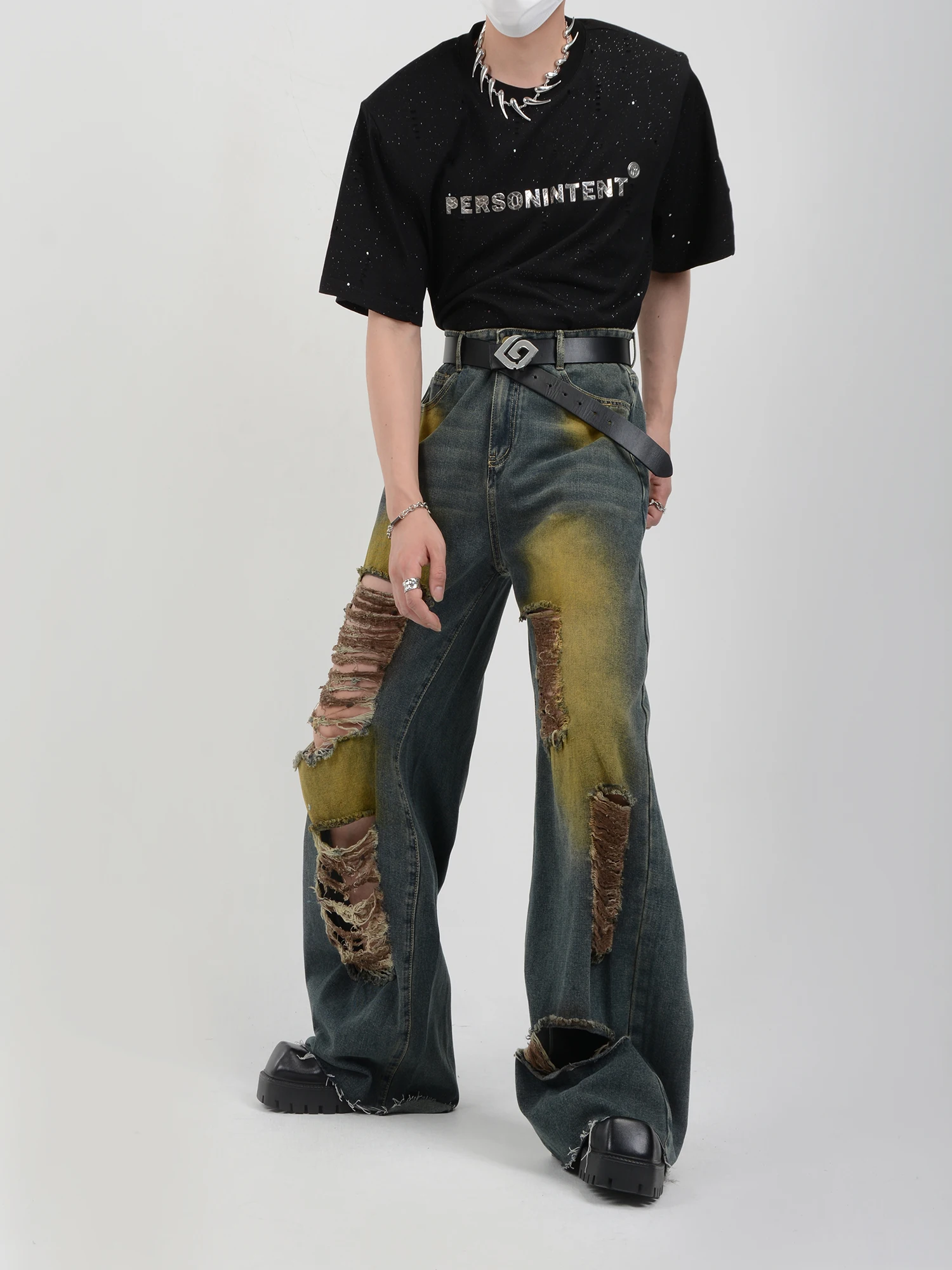 

Нишевые дизайнерские рваные потертые джинсы в стиле ретро, мужские свободные широкие брюки со шваброй