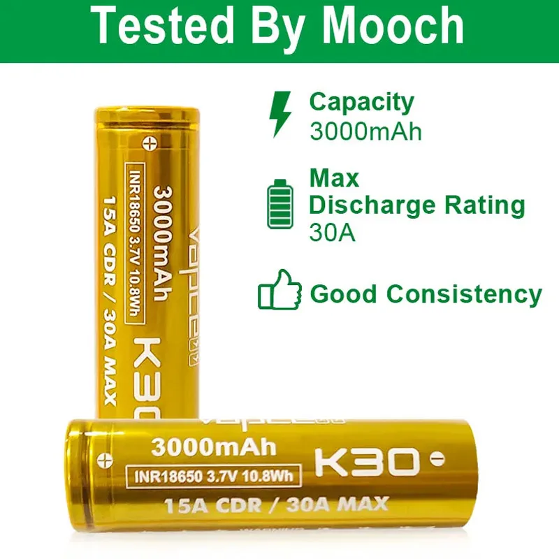 Original Vapcell K30 INR 18650 Battery 3000mAh CDR 15A Max 30A 3.7V lithium battery Li ion rechargeable 18650 Batteries For Toys