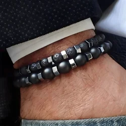 2pcs/set Beaded Bracelet Men 8mm6mm Volcanic stone Bead Charm Men Bracelet Sets Jewelry Gift Pulsera Hombre