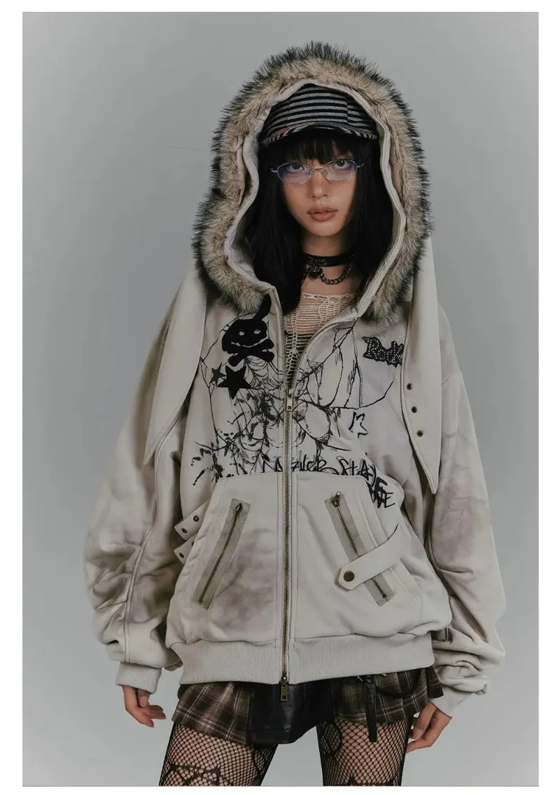 

American Retro Gothic Rabbit Ear Hoodie Coat Y2K Printed Women's Zip Up Hoodies Jacket Autumn Winter Sweatshirt Streetwear Women