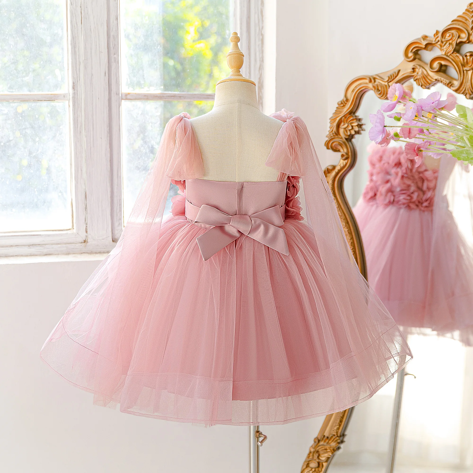 Summer Flower Bridesmaids Girls Dress Elegant Wedding Baptism Party Princess Prom Dresses Girl Bow Birthday Banquet Kids Clothes