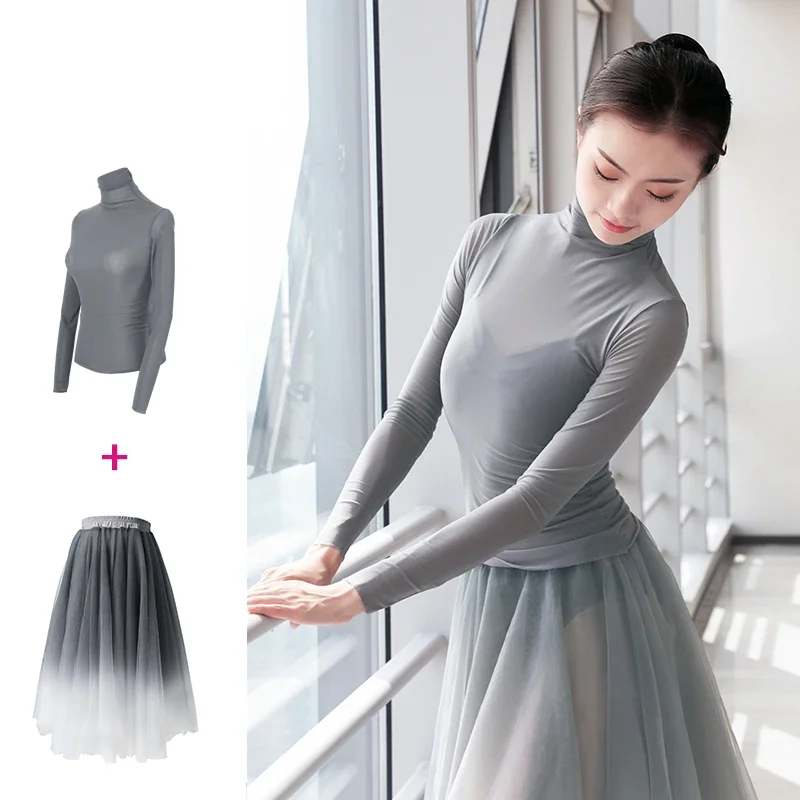 Frauen Ballett Tops Röcke Erwachsene Tanz anzüge weichen Farbverlauf grau Kleid Roll kragen pullover Langarm Yoga klassische Gaze Mesh Dance wear