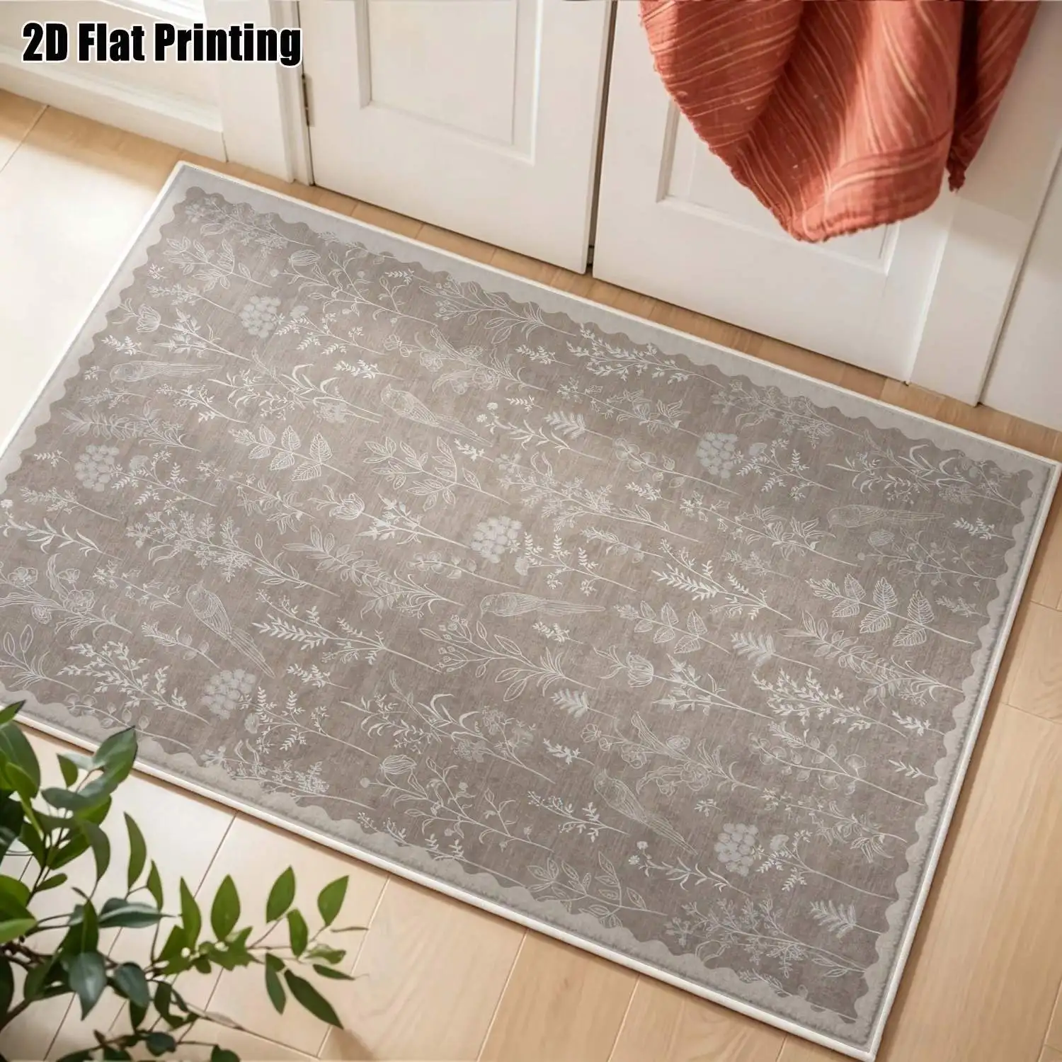 1Pc 2D Printed Velvet Carpet, Beige Floral Branches Leaves Pattern European Vintage Minimalist Nordic Instagram Home Decor Floor Mat, Multi-Size, Machine Washable, for Entrance, Dining, Foyer, Bedroom, Living Room