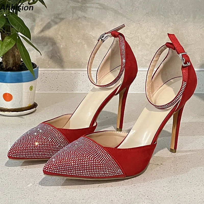 

Ahhlsion New Women Pumps Rhinestone Ankle Strap Stiletto Heels Pointed Toe Beautiful Blue Red Party Shoes Ladies US Size 5-15