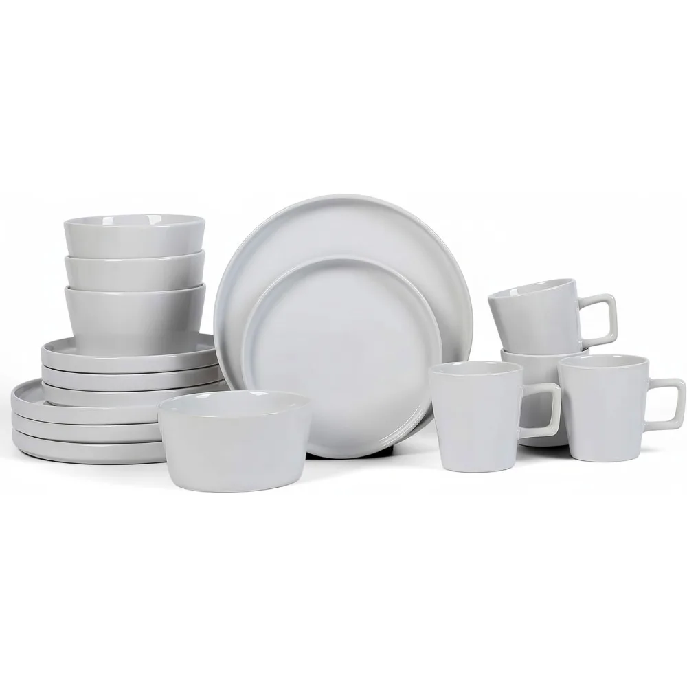 

Modern White Glossy 16-Piece Stoneware Dinnerware Set, Plates Bowls Mugs, Dishwasher Safe for Family Dining