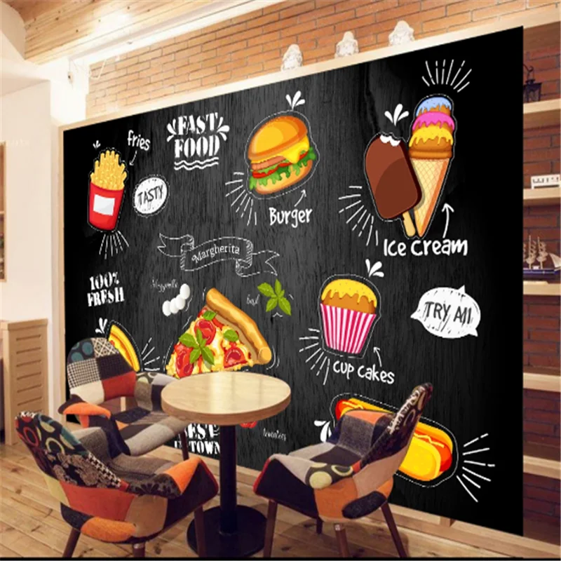 Custom Pizza Burgers Restaurant black Background Wall Mural Wallpaper 3D Snack Bar Hamburger Western Fast Food  Wall Paper 3D