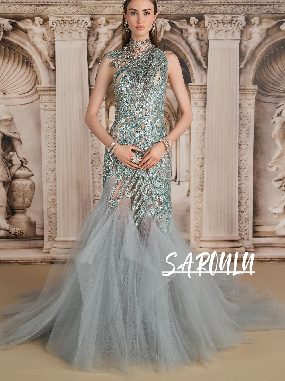 Luxury See Through Sequins Evening Dress Sleeveless High Neck Tulle Train Mermaid Prom Gown Customized Exclusive Pageant Wear
