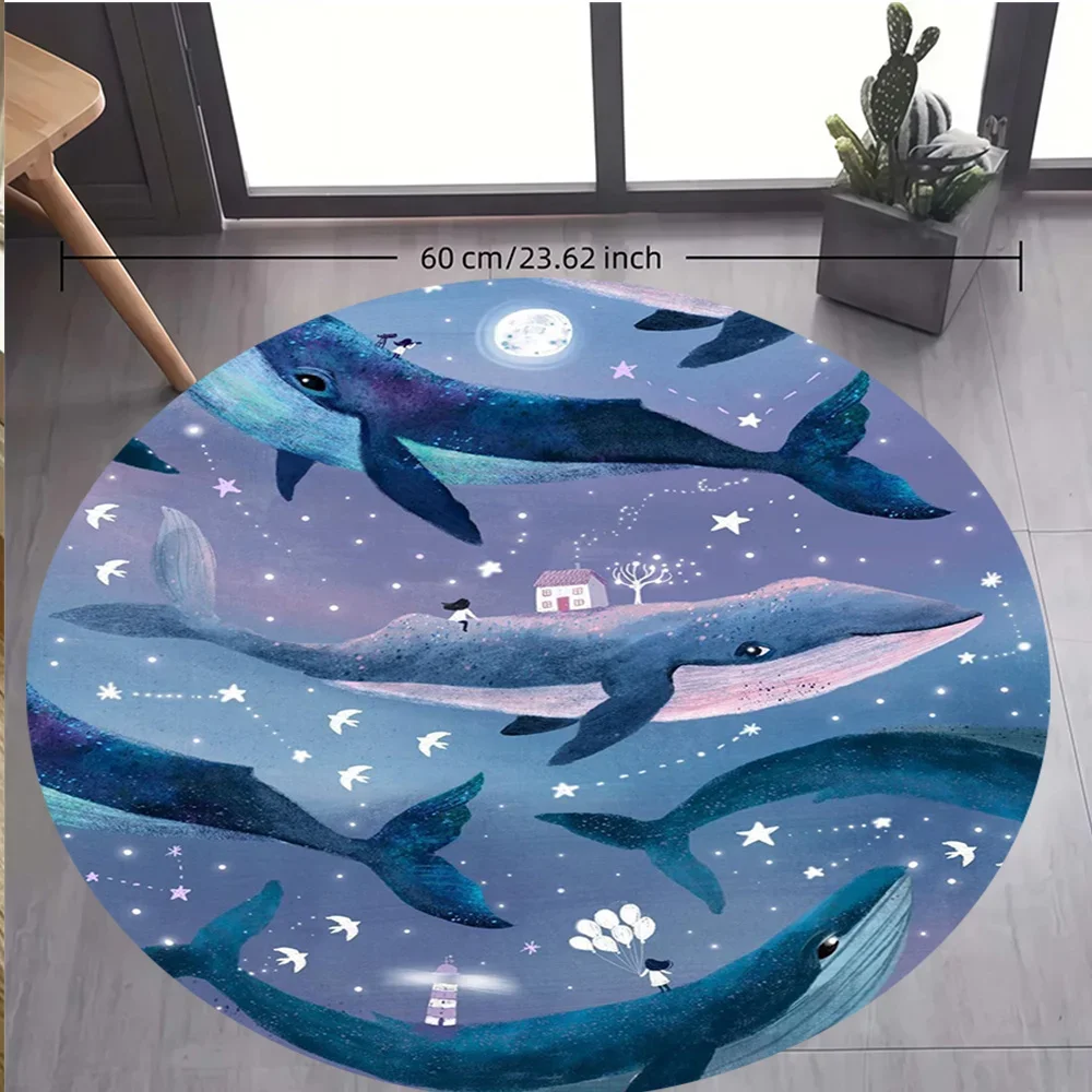 Whale Starry Sky Round Rug Flannel Plush KidsRoom Decor Dreamy Ocean Theme Floor Mat Shedding Easy Clean Nursery Play AreaCarpet