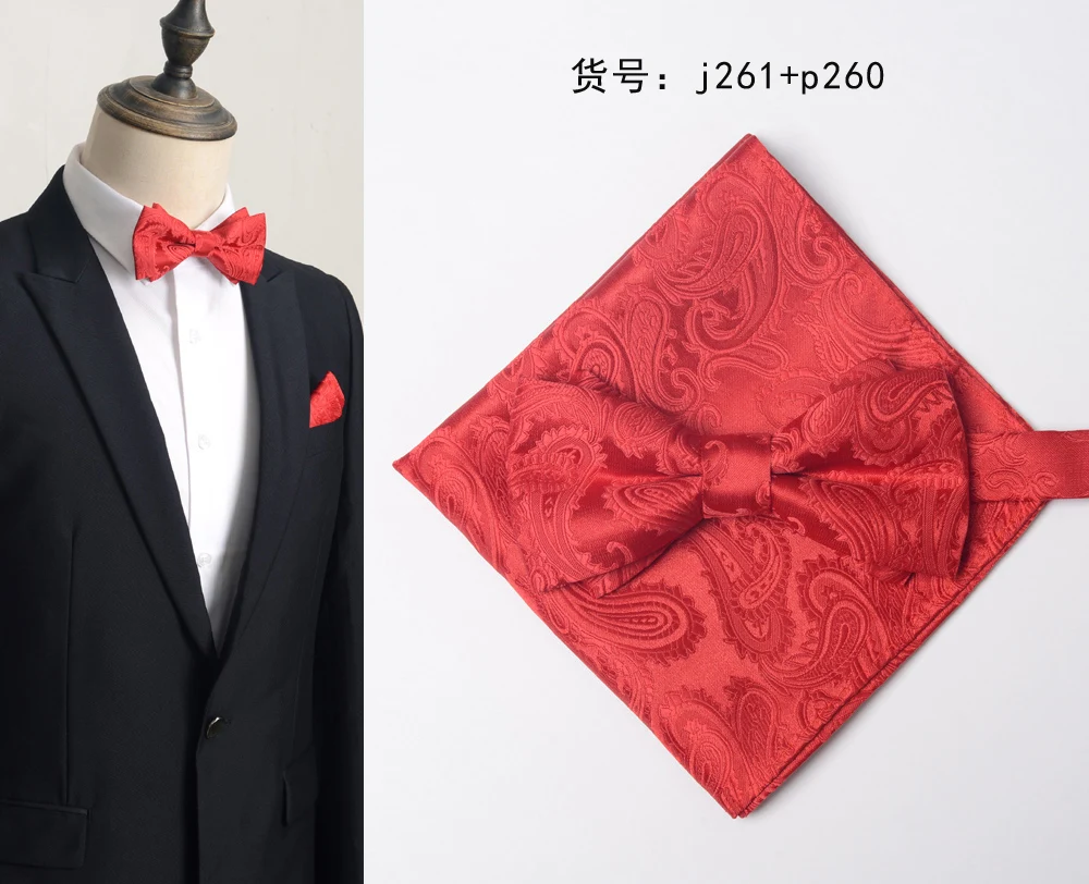 New red tie, suit, shirt, pocket towel, double-layer bow tie, chest towel, square groom getting married