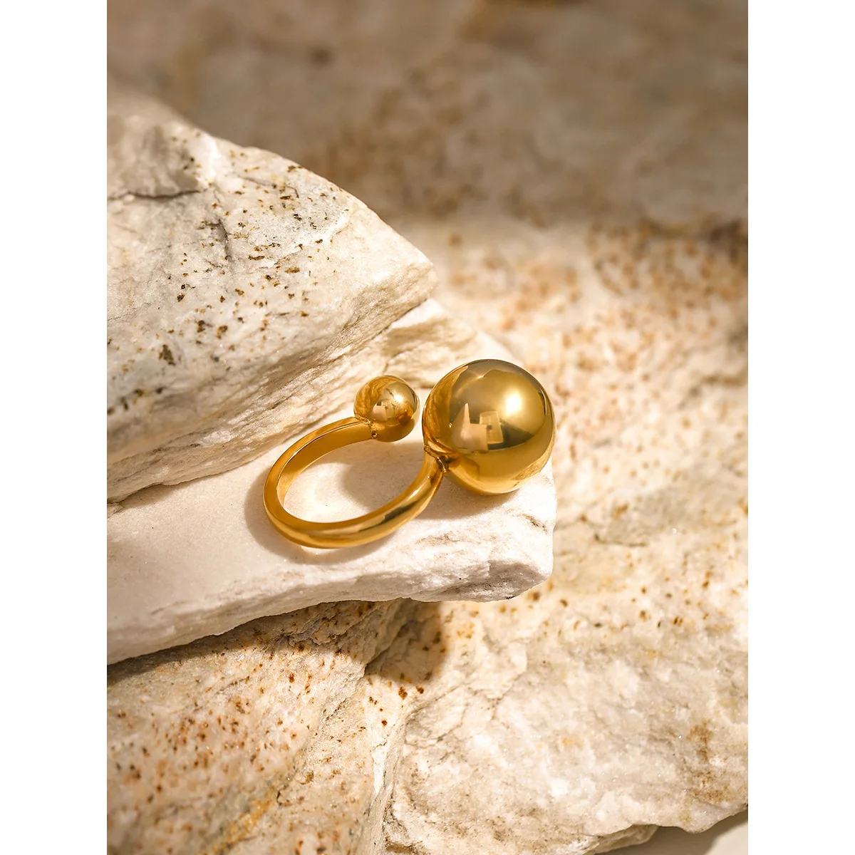 Stainless Steel PVD 18K Gold Plated Tarnish Double Ball Rings For Woman Jewelry Wholesale Summer Trendy