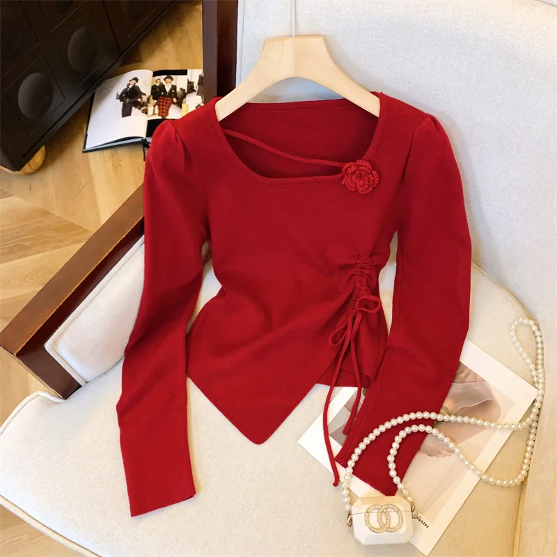 Women Square Neck 3D Flower Knit Pullover Red Puff Sleeve Side Drawstring Ruched Irregular Hem Elastic Slim Knitted Sweater Top