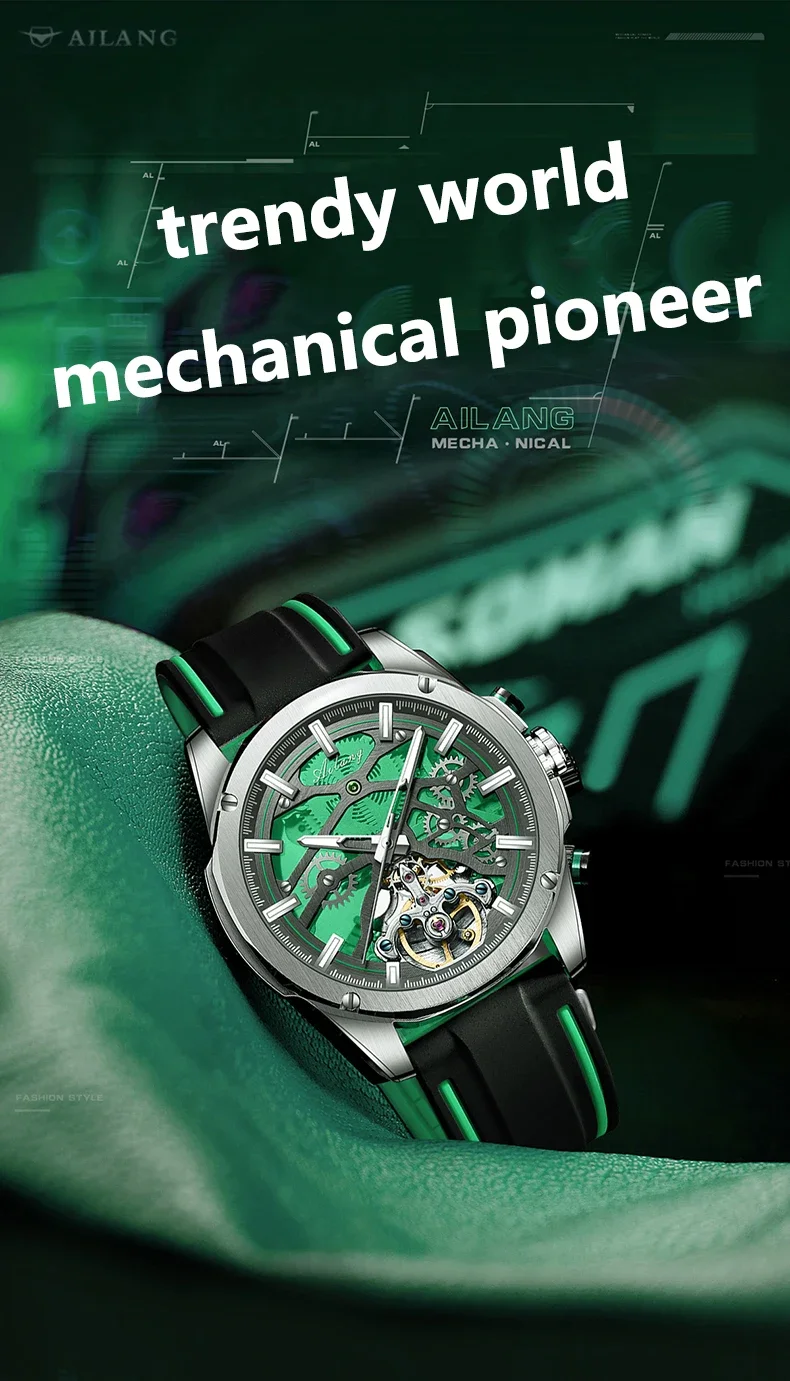 Ailang automatische mechanische Herrenuhr, hohl, leuchtend, Freizeit, Mode, Luxus, Tourbillon-Uhr, wasserdicht, neu. – Detail 1