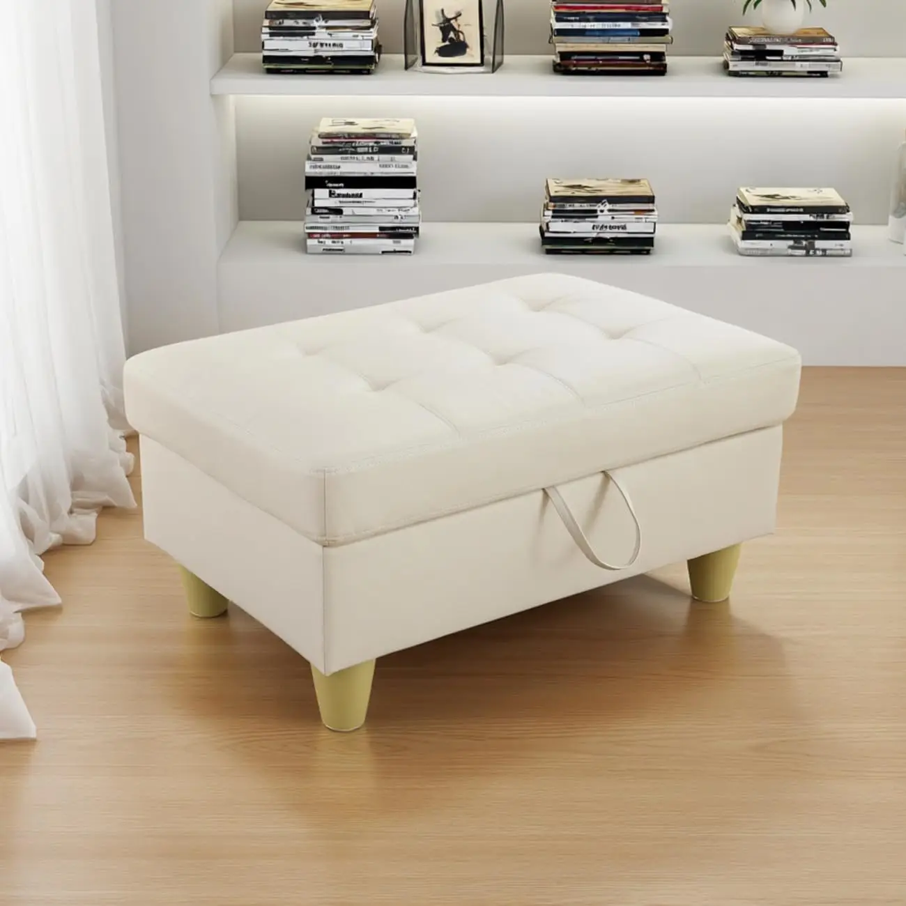 Leather Storage Ottoman Bench, 33.5 Inch Large Square Footstool with Storage, Foot Rest and Coffee Table with Thick Cushion, Creamy, for Home Decor, Entryway, Living Room, Bedroom, RV Car, Loft