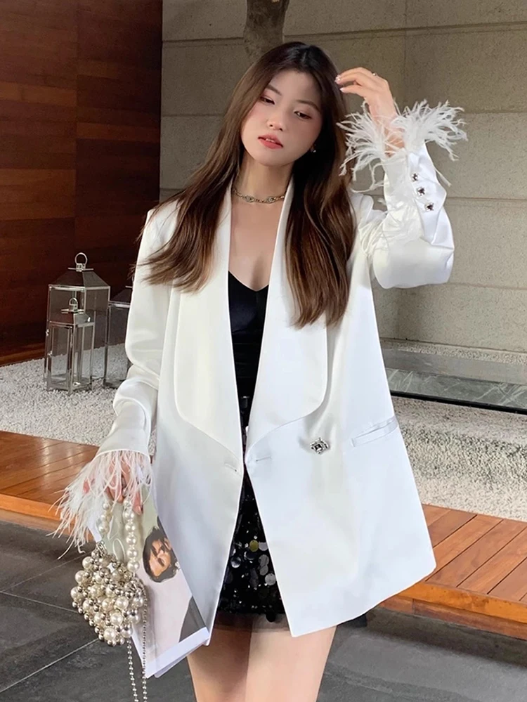 Luxury Blazer Quality Satin New in coats Rhinestone Button Spring/Autumn korean popular clothes Party Acetate Jacket Women's