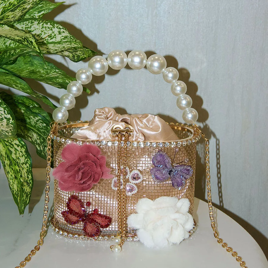 Metallische Blumen-Perlen-Handtasche, Glänzender Wasserdiamant-Gemüsekorb, Vogelkäfig-Bankett-Eimer-Umhängetasche – Detail 3