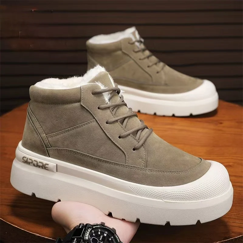 

Winter New Men Leather Lace Up Ankle Snow Boot Thick Sole Non Slip Thicken Plush Keep Warm Light Outdoor High Top Cotton Boots