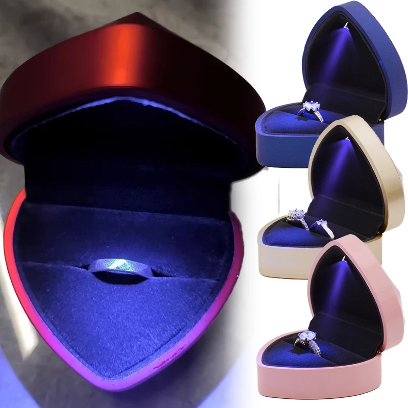 Luxury Heart-Shaped Ring Box LED Light Wedding Ring Box with Display Storage Organizer Jewelry Gifts Packaging Boxes Decoration