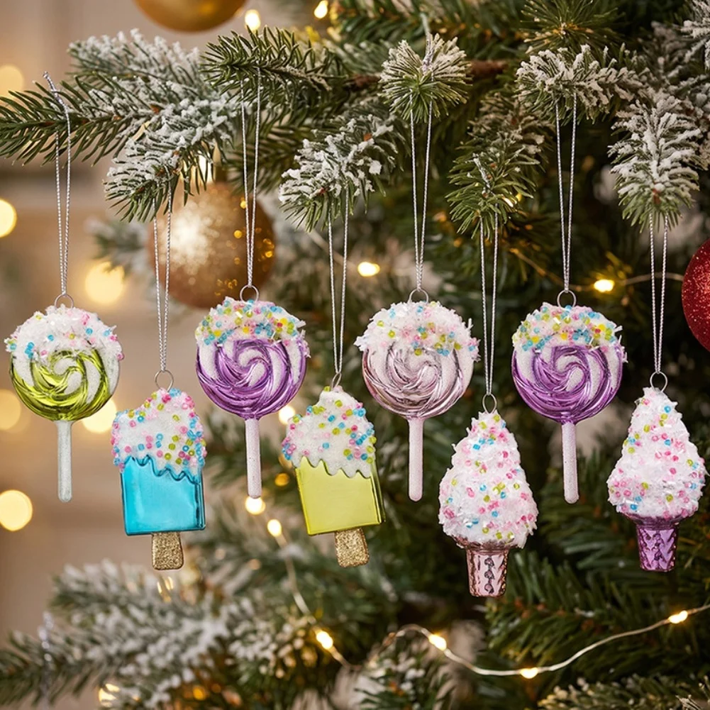 Glitter Plastic Christmas Ornaments Set 7.5cm Lollipop Ice Cream Cookie Boot Shapes Festive Holiday Tree Hanging Decorations