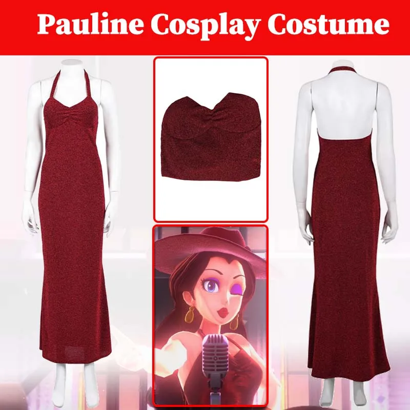 

Game Bros Anime Pauline Cosplay Red Dress Costume Women Roleplay Fantasia Clothing Skirts Female Halloween Party Carnival Suits