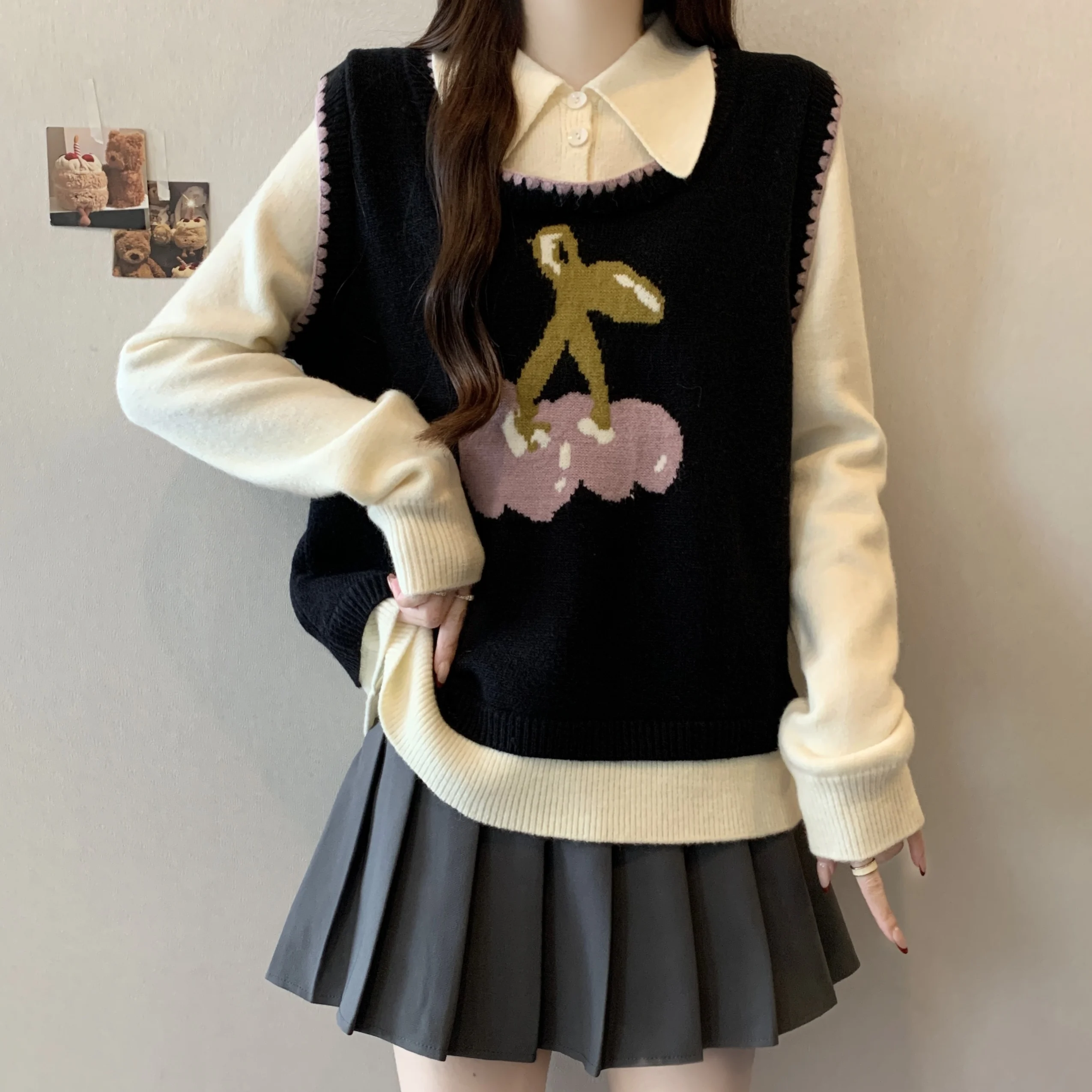 

Korean Sle plus Size Women's Autumn Winter New Floral Knit Sweater Fake Two-Piece Slimming Top Long Sve Casual irt