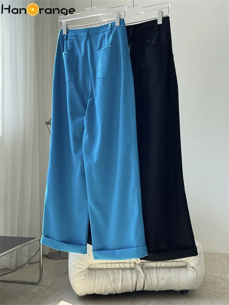 HanOrange 2025 Winter Niche Vintage Fashion Loose Straight Stitched Curly Pants Women Thickened Trousers Female Black/Sky Blue