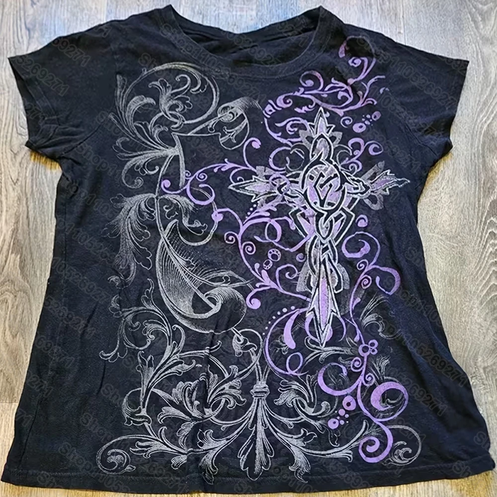Retro Y2K Cyberpunk Harajuku Style Black Round-Neck Short-Sleeve Streetwear Top with Purple and Silver Vine Totem Print Tops