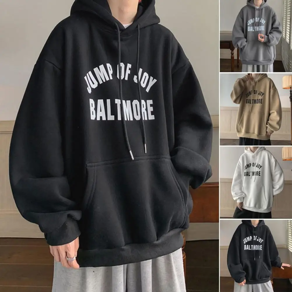 Men Hoodie Letter Print Hooded Loose Thick Warm Long Sleeves Pullover Mid Length Elastic Cuff Drawstring Big Patch Pocket Tops